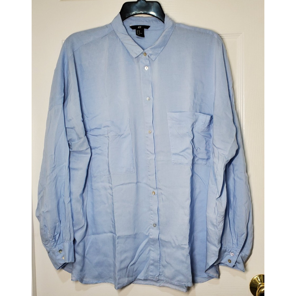 H&M Button Front Shirt Women’s L Blue Tencel Lyocell Long Sleeve Oversized Top